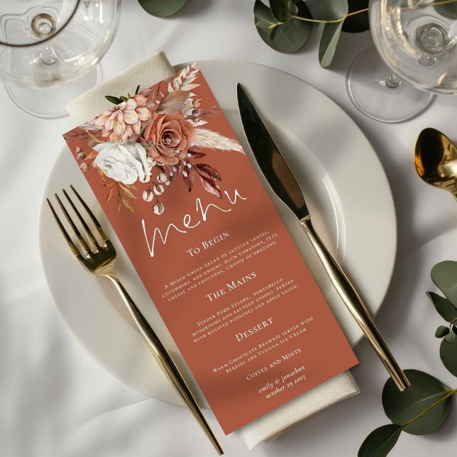 Rustic Florals Pampas Grasses Wedding Terracotta  Menu (Creator Uploaded)