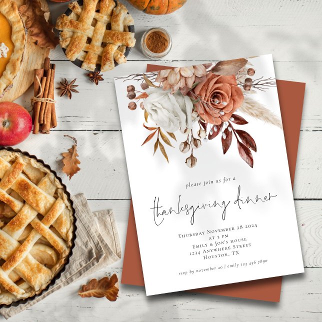 Rustic Florals Terracotta Thanksgiving Dinner Invitation (Front and back view)