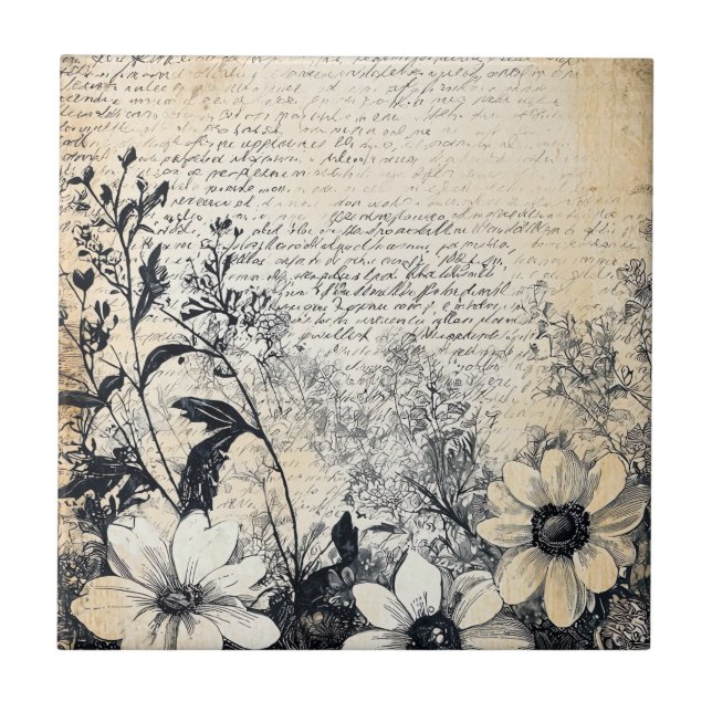 Rustic Flower and Calligraphy - Aged Brown Paper 1 Ceramic Tile (Front)
