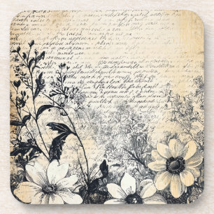 Rustic Flower and Calligraphy - Aged Brown Paper 1 Coaster