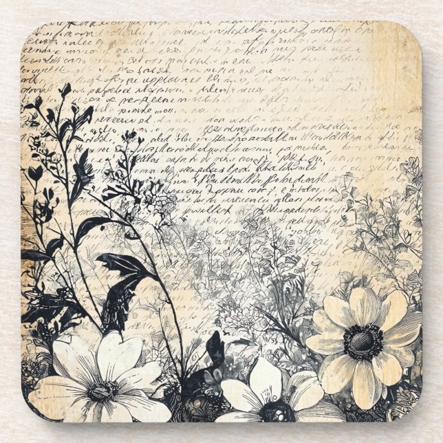 Rustic Flower and Calligraphy - Aged Brown Paper 1 Coaster (Front)