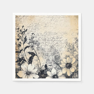 Rustic Flower and Calligraphy - Aged Brown Paper 1 Napkin