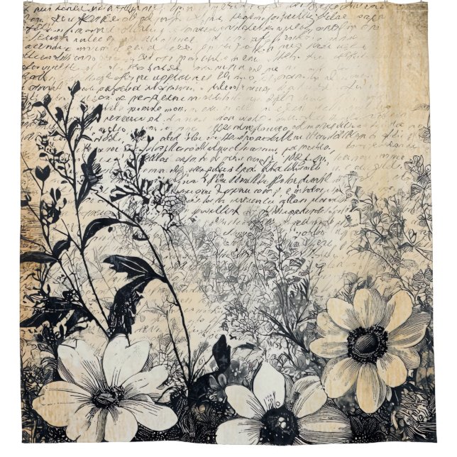 Rustic Flower and Calligraphy - Aged Brown Paper 1 Shower Curtain (Front)