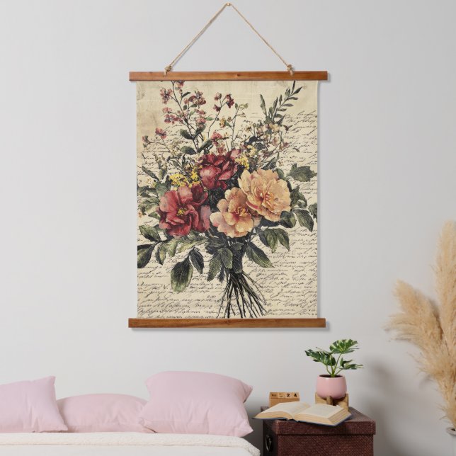 Rustic Flower and Calligraphy - Aged Brown Paper 2 Hanging Tapestry (Bedroom)