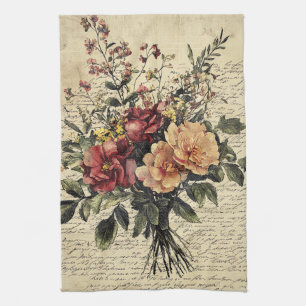 Rustic Flower and Calligraphy - Aged Brown Paper 2 Tea Towel