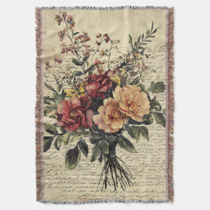 Rustic Flower and Calligraphy - Aged Brown Paper 2 Throw Blanket
