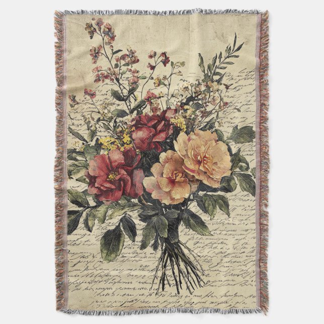 Rustic Flower and Calligraphy - Aged Brown Paper 2 Throw Blanket (Front Vertical)