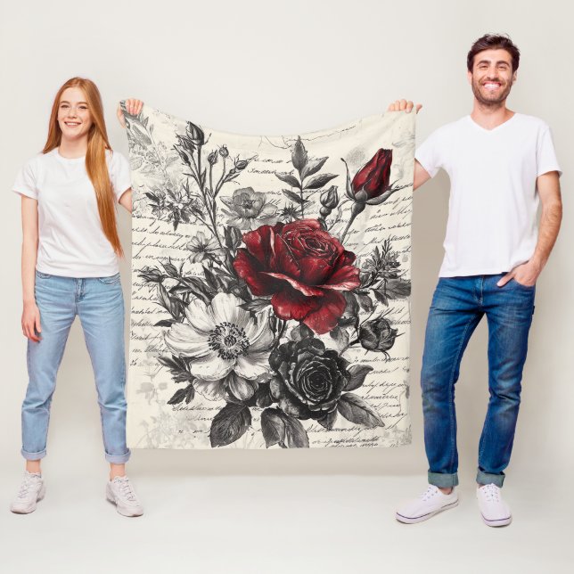 Rustic Flower and Calligraphy - Aged Brown Paper 3 Fleece Blanket (In Situ)