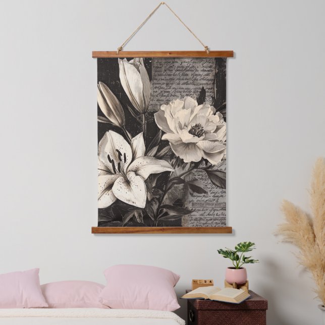Rustic Flower and Calligraphy - Aged Brown Paper 4 Hanging Tapestry (Bedroom)