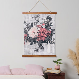 Rustic Flower and Calligraphy - Aged Brown Paper 5 Hanging Tapestry
