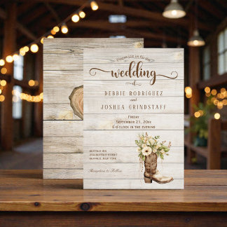 Rustic Flower Boot on Wood Wedding Invitation