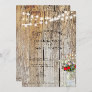 Rustic Flower Bouquet Mason Jar String Lights  Invitation