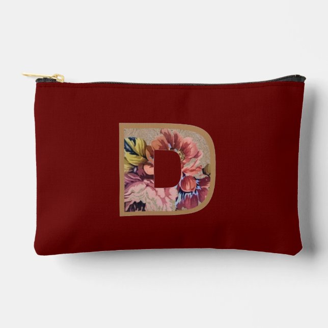 Rustic Flower Initial D Burgundy Accessory Pouch (Front)