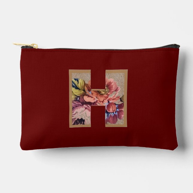 Rustic Flower Initial H Burgundy Accessory Pouch (Front)