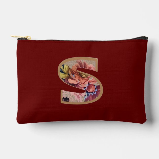 Rustic Flower Initial S Burgundy Accessory Pouch (Front)