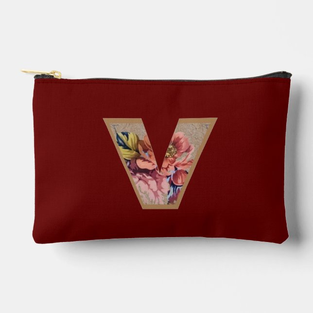 Rustic Flower Initial V Burgundy Accessory Pouch (Front)