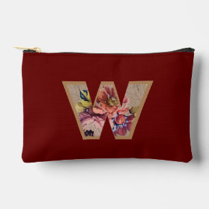 Rustic Flower Initial W Burgundy Accessory Pouch