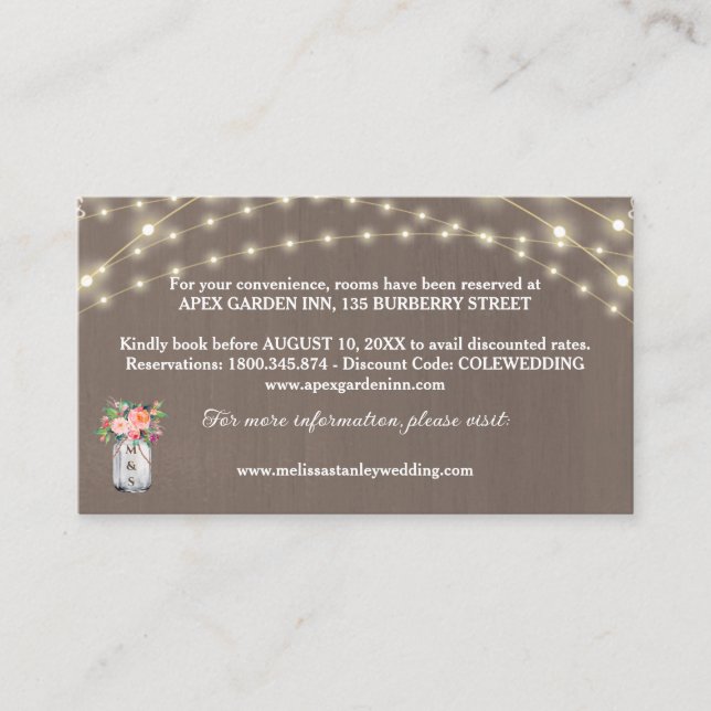 Rustic Flower Lights Mason Jar Wedding Details Enclosure Card (Front)