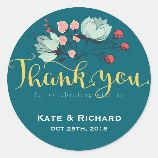 Rustic Flower Script Thank You Wedding Sticker (Front)