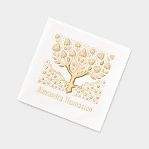 Rustic Flowering Tree with Heart Roots Name Foil Napkins