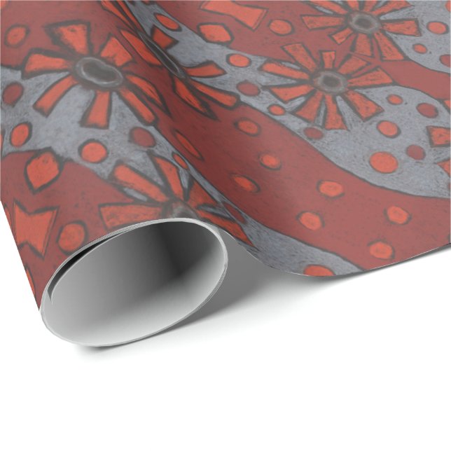 Rustic Flowers, Abstract Floral Pattern Terracotta Wrapping Paper (Roll Corner)