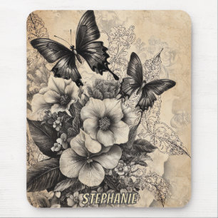 Rustic Flowers and Butterfly - Aged Paper (10) Mouse Pad