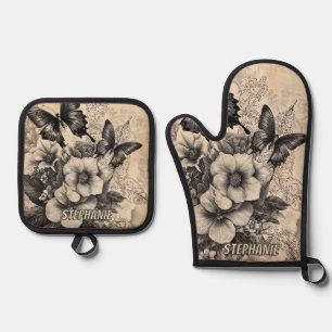 Rustic Flowers and Butterfly - Aged Paper (10) Oven Mitt & Pot Holder Set