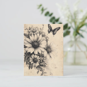 Rustic Flowers and Butterfly - Aged Paper (11) Postcard