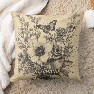 Rustic Flowers and Butterfly - Aged Paper (12) Cushion