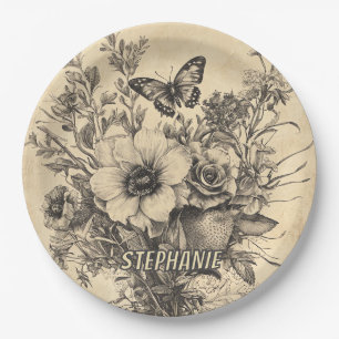 Rustic Flowers and Butterfly - Aged Paper (12) Plate