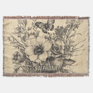 Rustic Flowers and Butterfly - Aged Paper (12) Throw Blanket
