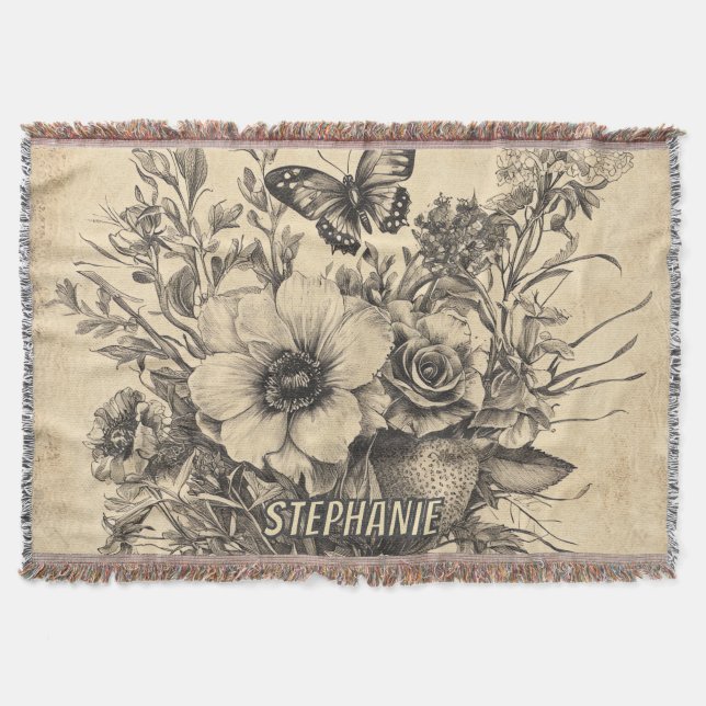 Rustic Flowers and Butterfly - Aged Paper (12) Throw Blanket (Front)