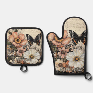 Rustic Flowers and Butterfly - Aged Paper (14) Oven Mitt & Pot Holder Set