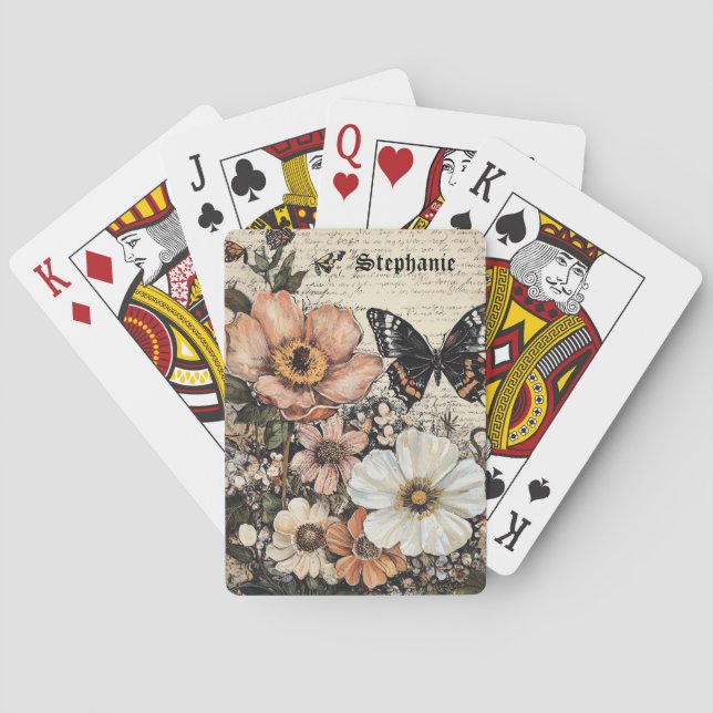 Rustic Flowers and Butterfly - Aged Paper (14) Playing Cards (Back)