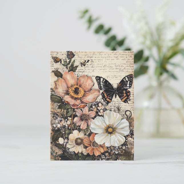 Rustic Flowers and Butterfly - Aged Paper (14) Postcard (Standing Front)