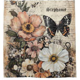 Rustic Flowers and Butterfly - Aged Paper (14) Shower Curtain