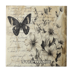 Rustic Flowers and Butterfly - Aged Paper (1) Ceramic Tile