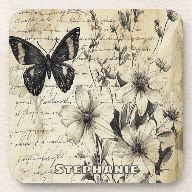 Rustic Flowers and Butterfly - Aged Paper (1) Coaster (Front)