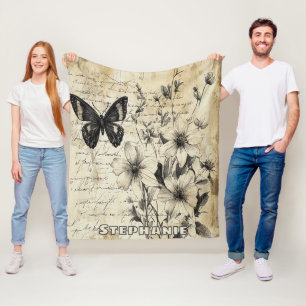 Rustic Flowers and Butterfly - Aged Paper (1) Fleece Blanket