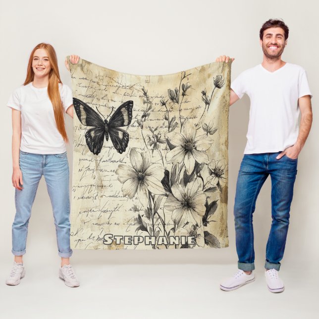 Rustic Flowers and Butterfly - Aged Paper (1) Fleece Blanket (In Situ)