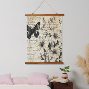 Rustic Flowers and Butterfly - Aged Paper (1) Hanging Tapestry