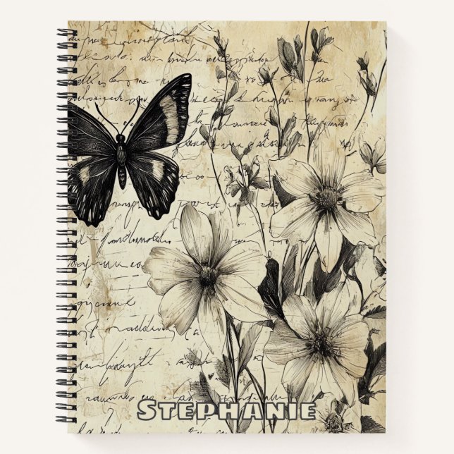 Rustic Flowers and Butterfly - Aged Paper (1) Notebook (Front)