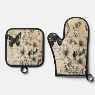 Rustic Flowers and Butterfly - Aged Paper (1) Oven Mitt & Pot Holder Set