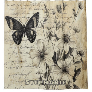 Rustic Flowers and Butterfly - Aged Paper (1) Shower Curtain
