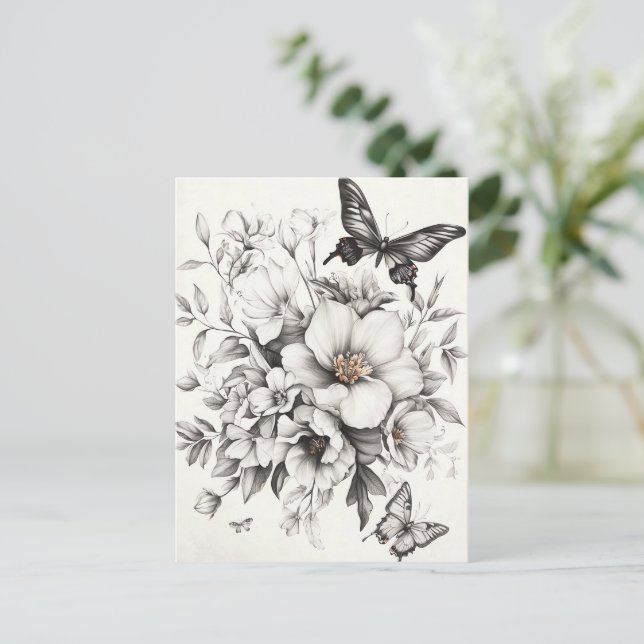 Rustic Flowers and Butterfly - Aged Paper (2) Postcard (Standing Front)
