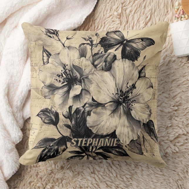 Rustic Flowers and Butterfly - Aged Paper (4) Cushion (Blanket)