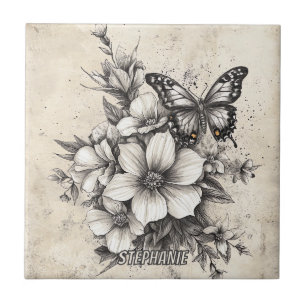 Rustic Flowers and Butterfly - Aged Paper (5) Ceramic Tile
