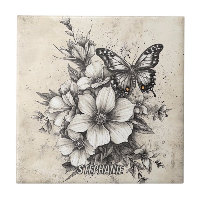 Rustic Flowers and Butterfly - Aged Paper (5) Ceramic Tile (Front)
