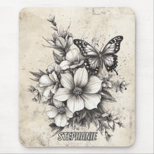 Rustic Flowers and Butterfly - Aged Paper (5) Mouse Pad