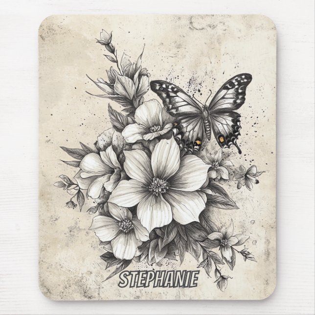 Rustic Flowers and Butterfly - Aged Paper (5) Mouse Pad (Front)